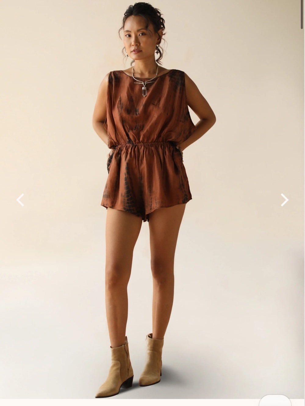 Fara Boutique - Silk Rust and Black Tie-Dye Romper NWT